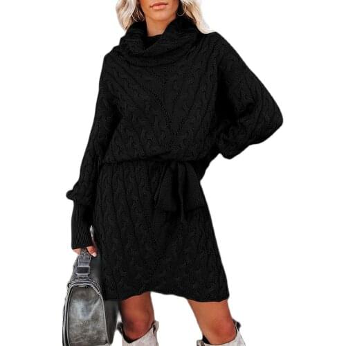 Warm Solid Color Good Quality Factory Price Hot Selling High Neck Pullover Mid-Length Ladies Knitted Sweater Dress