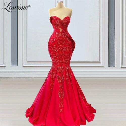 Elegant Arabic Mermaid Beaded Red Evening Dresses 2021 Vestidos De Festa Custom Made Cut-out Design Long Plus Party Dress Prom