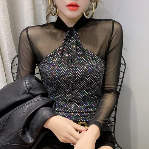 2020 New Spring Autumn Clothes Sexy Mesh Patchwork Shiny T-shirt Women Tops Ropa Mujer Bright Gold Bottoming Shirt Tees T9D004