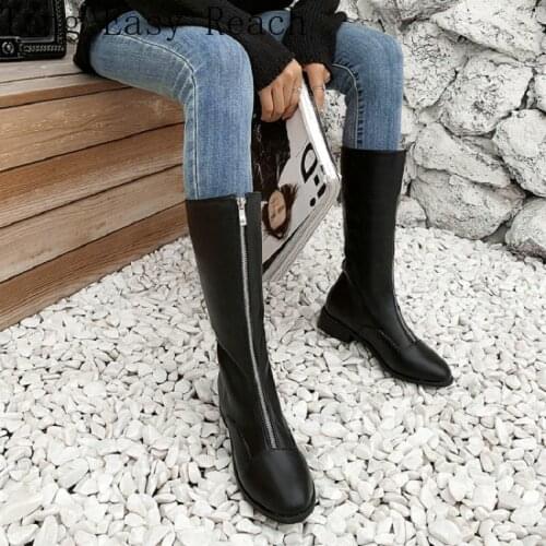 2021 Autumn Spring Cool Punk Low Heels Womens Knee High Ridng Equestrain Boots with Front Zipper Big Size 34-45
