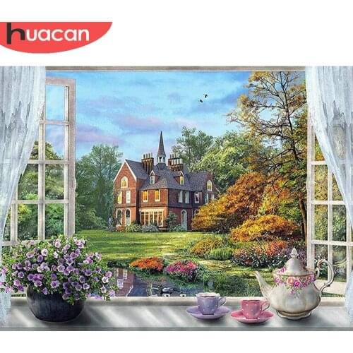 HUACAN Diamond Painting Landscape Window Diamond Embroidery House Cross Stitch Home Decor Wall Sticker