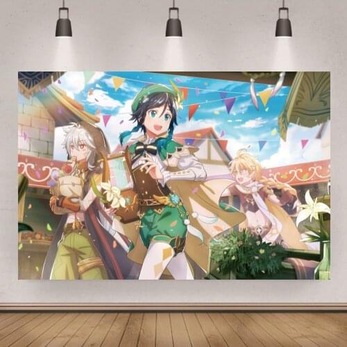 Anime Theme Genshin Impact Backdrop Hot Game Wenti Qiqi Friends Birthday Party Background Photocall Prop Banner Photo Decoration