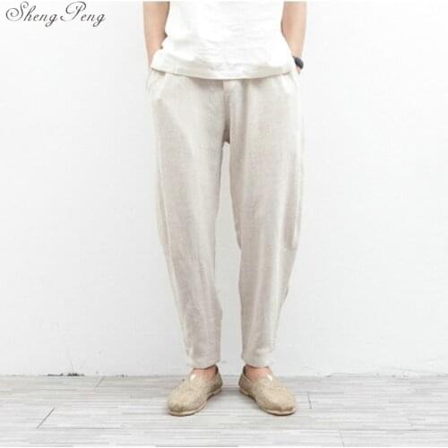 Linen pants men Chinese traditional men clothing casual pants loose breathable comfort jogger sweatpants solid color Q770