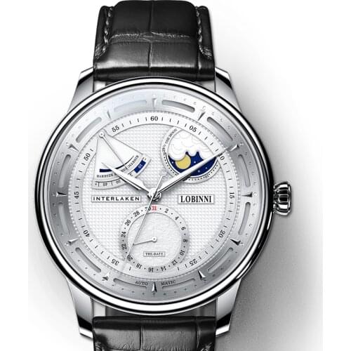 LOBINNI luxury watch for men,mens automatic watches moonphase mechanical wristwatch 50m waterproof sapphire mirror leather strap