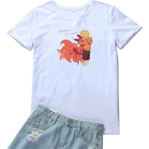 Fox and Boy T Shirt Women Japan Anime Pattern Tees Women Vintage Loose Camiseta Mujer Kawaii Graphic Clothes Women T-shirts