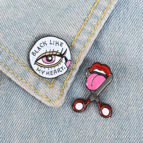 Eye Mouth and Tongue Enamel Pin Eyeliner Scissors Cut tongue Brooch Cartoon Funny Life Brooches For Women Pin Badge Jewelry