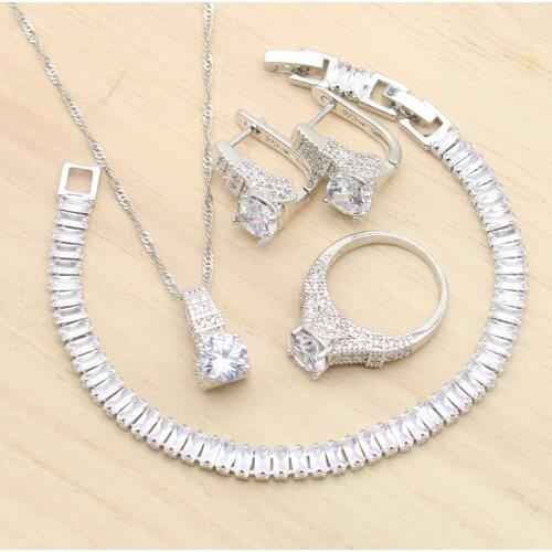Wedding Silver Color Jewelry Sets for Women White Zirconia Earrings Pendant Necklace Ring Bracelet Birthday Christmas Gift