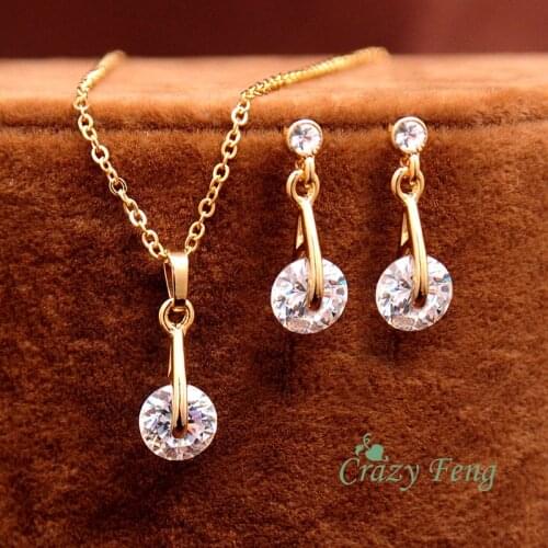 Hot Sale Fashion Round Waterdop Necklace Earring Sets Jewelry For Women gold color CZ Crystal Jewelry Sets Gift