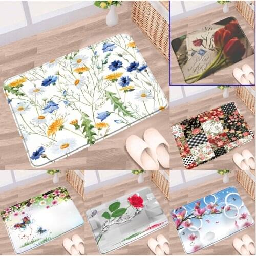 Plant Flower Bathroom Mat White Yellow Daisy Pink Floral Butterfly 3D Printing Non-Slip Rug Toilet Kitchen Entrance Aisle Carpet