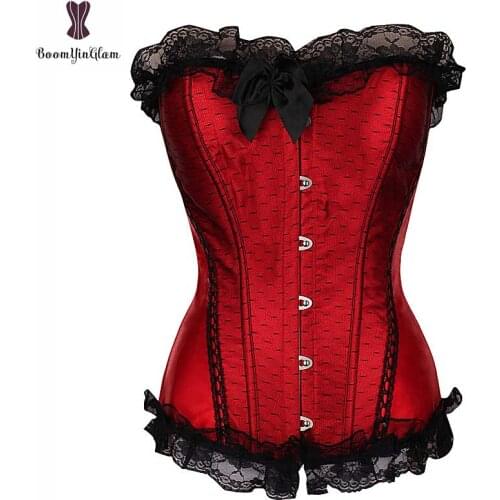 Lace Corset Satin Overbust Korsett For Women Black Dot Sexy Red Pink Gothic Gorset Fish Boned Waist Slimming Low Price Bustier