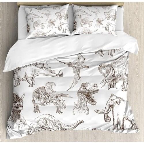 Jurassic Duvet Cover Set Arrangement of Various Dinosaurs Illustrations Skeleton Biology Historic Decorative 3 Piece Bedding Set