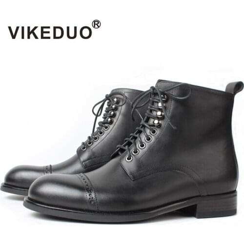 Vikeduo Hand Made Vintage Fashion Design Black Calfskin Men Genuine Leather Martin Boots Shoes