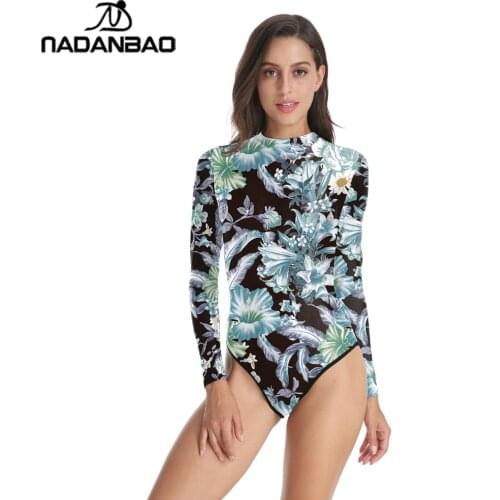 Nadanbao Biquinis Feminino 2021 New Fashion Women Swimwear Push Up 3D Printed Long Sleeves One Piece Swimsuit