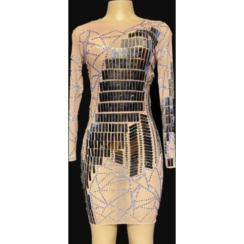 New Sparkly Silver Mirror Sequins Mesh Dress Womens Birthday Celebrate Nightclub Outfit Sexy See Through Rhinestones Dresses