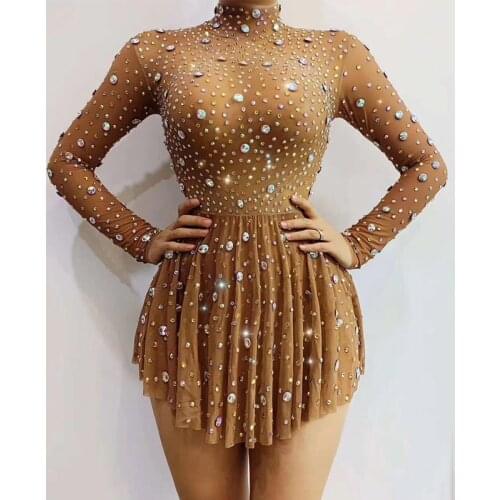 2020 Sexy Rhinestone Dress DJ Bar Nightclub Female Singer Mesh Elastic Party Dress Performance Stage Costume Multicolor DQS5016