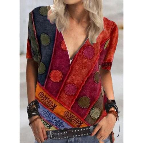 Retro Print Womens Tee Shirt Summer Short Sleeve V Neck Zipper Top Female Oversized T Shirt Women Casual Loose Plus Size