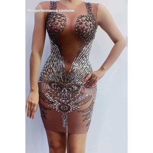 See Through Rhinestones Transparent Dress Birthday Celebrate Mesh Sleeveless Stretch Dress Stage Costume Dance Outfit