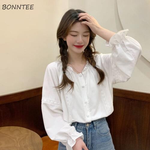 Shirts Women Lovely Simple Maiden Solid Color Single Breasted Edible Tree Fungus Elegant Korean Style Sweet Long Sleeve Retro