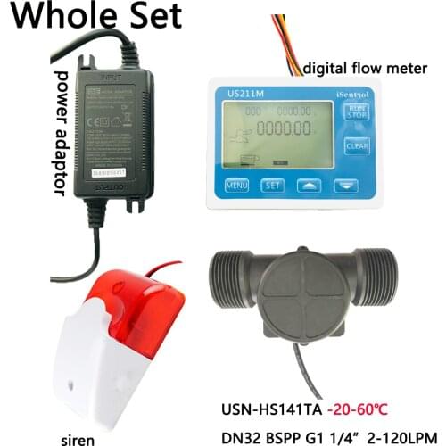 US211MA Water Flow Meter Totalizer Alarmer and PA66 USN-HS141TA Flow Senor Turbine flowmeter G1-1/4" BSPP Water Suspend aAlarme