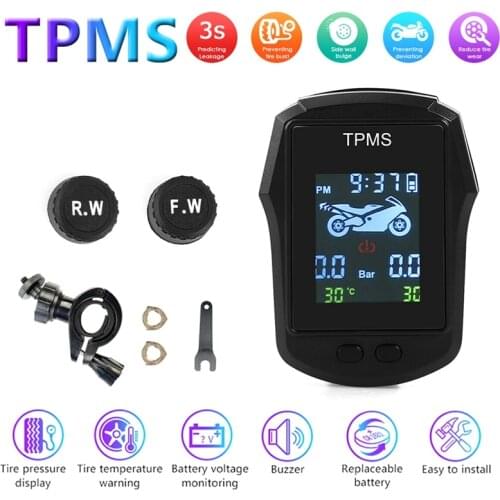Motorcycle TPMS LCD Digital Tire Pressure Monitor System with Battery Voltage Monitor Time Display Tire Temp Warning