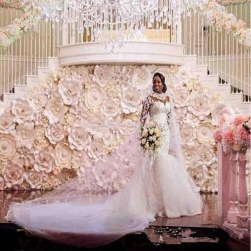 African Wedding Dresses Mermaid High Neck Lace Applique Beaded Bridal Gowns Long Sleeve Sweep Train Plus Size Wedding Gowns