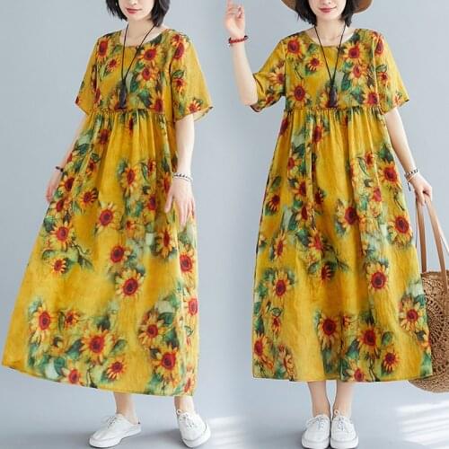 Vintage Yellow Sunflower Print Summer Women Dress Ethnic Style Chic Pockets Short-Sleeved Loose Beach Literary Female Sundress