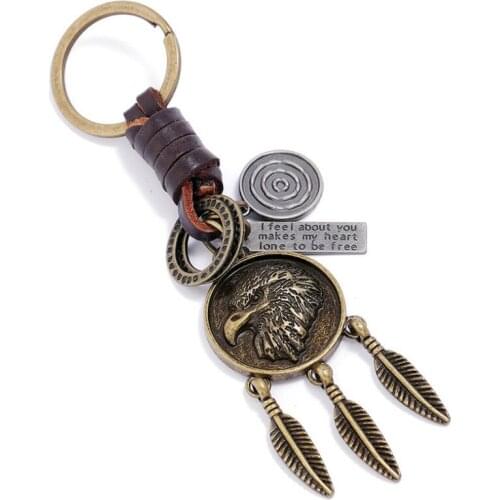 Vintage Ethnic Tribal Eagle Retro Keychain Metal Charm Braided Leather Bag Holder Car Keyring Key Chain Fashion Punk Accessories