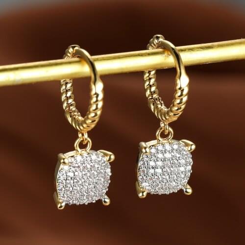 Gold Twist Hoop Dangle Earrings for Women Trendy Personality Square Zircon Drop Earrings Female Wedding Birthday Jewelry Gift