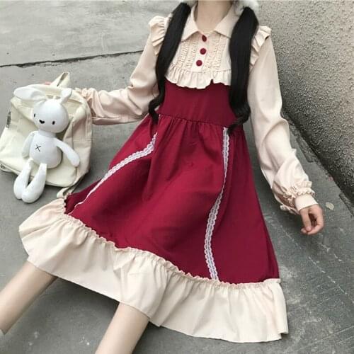 Japanese-Style Sweet Lolita Splicing Dress Mid-Length Long-Sleeved fairy dress tea party lolita dress sweet lolita doll