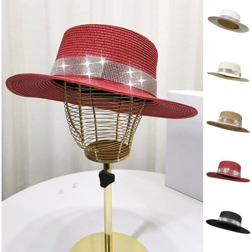 Women Straw Panama Hat Fedora Summer Beach UV Protection Sun Cap Outdoor Solid Color Straw High Diamond Wide Brim Hat