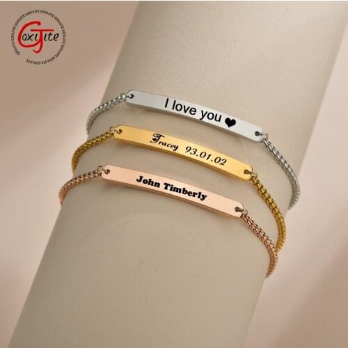 Goxijite Personalized Adjustable Engrave Name Bracelet For Women Kid Stainless Steel Engrave Date Heart Bracelet