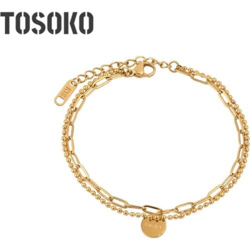 TOSOKO Stainless Steel Jewelry Gold Double Deck Round Brand Bracelet Female Round Bead Chain Folding Bracelet For Women BSE184