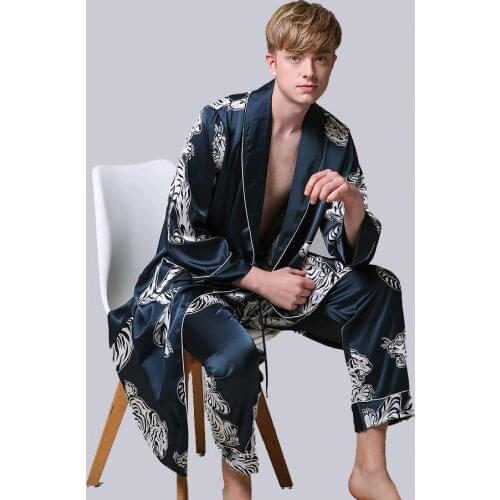 Two-Pieces Silk Nightgown Satin male Sleepwear Loose Tiger Dress Silky Long Sleeve Robe and Long Pants bathrobe set for Men