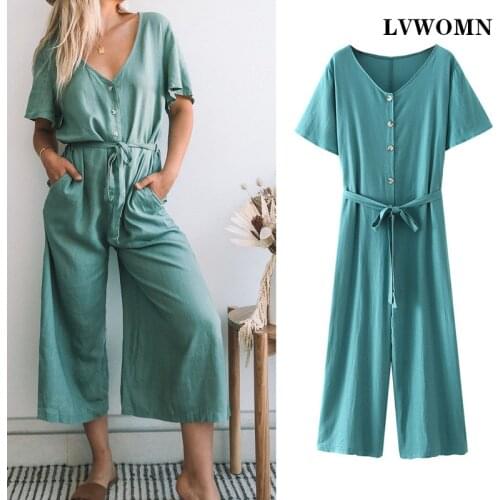 LVWOMN Za women jumpsuit 2021 Summer Loose Casual Short Sleeve jumpsuits fashion belt womens jumpsuits plus size clothes