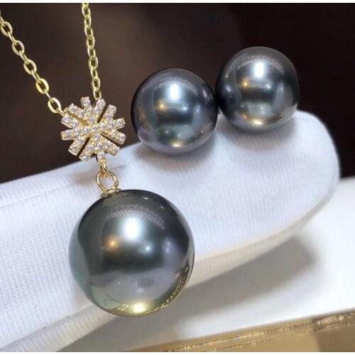 D203 Fine Jewelry 18K Gold Natural Tahiti Black Pearls 9-12mm Females Jewelry Sets for Women FIne Jewelry Sets