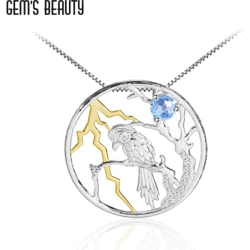 GEMS BEAUTY 925 Sterling Silver Natural Swiss Blue Topaz Necklace Rattan Bird Round Handmade Pendant For Women Romantic Gift