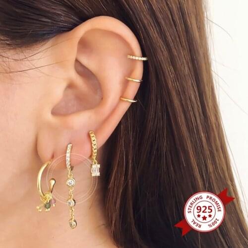 100% 925 Sterling Silver Dainty Prevent Allergy Hoop Earrings Gold Plated Round Zircon Huggie Tassel Earrings For Women Jewelry