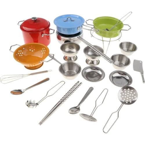 25 Pieces Simulation Colorful Stainless Steel Cookware Pan Pot Dish Plate Stove Children Real Cooking Toy Role Play