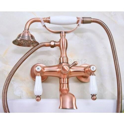 Antique Red Copper Wall Mounted Clawfoot Bathtub Faucet telephone style Bath Shower Water Mixer tap with Handshower tna326