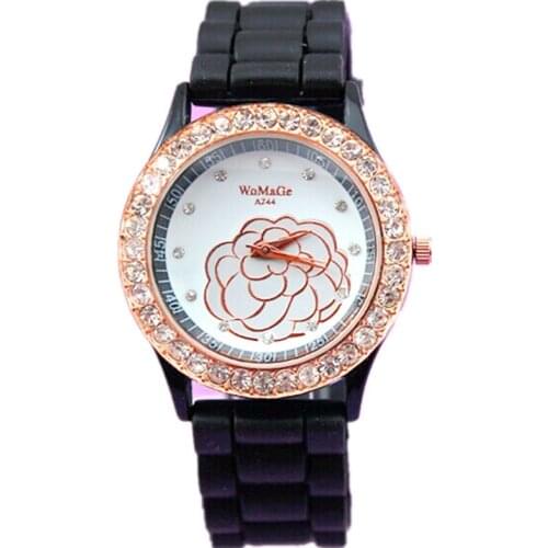 High Quality Brand Womage Fashion Casual Silicone Watch Elegant Peony Flower Crystal Unisex WristWatches For Men Women Gift New
