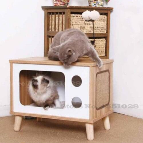 Pet Wooden Cat House Wooden Color Living Kennel with Balcony Durable Claw Board Climbing Frame Scratching Post Pet Accessories