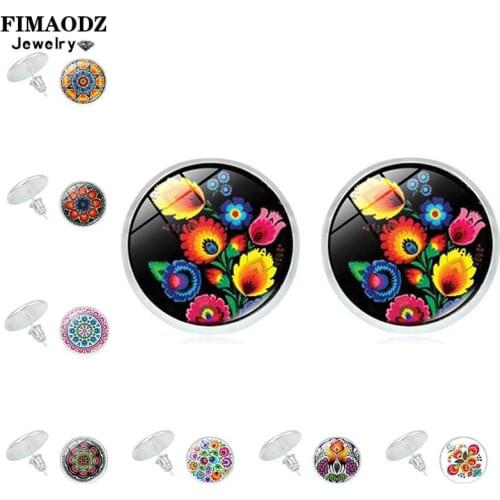 FIMAODZ Polish Folk Art Patterns Stud Earrings for Women Girl Charm Flower Glass Cabochon Earring Bohemian Jewelry