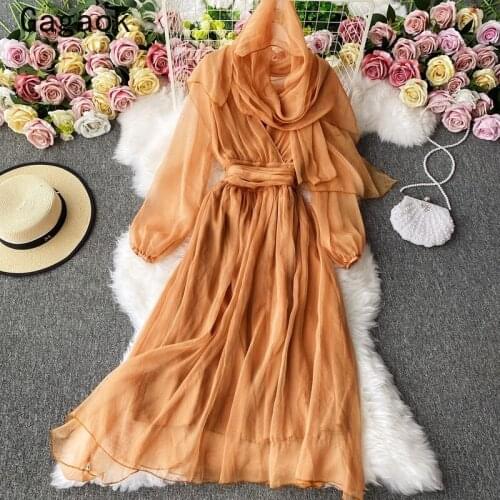 Gagaok Design Women Chiffon Dress Autumn Retro Puff Sleeve V Neck Elegant Solid Dress+Silk Scarf Korean A-line Holiday Dress