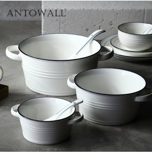 ANTOWALL Blue Inlay Big Soup Bowl with Handle Ceramic Salad Noodle Soup Bowl, Nordic Breakfast Baking Tool