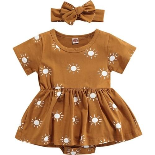 2Pcs Newborn Baby Girls Sun Printed Short/Long Sleeve Romper Bodysuit Tutu Dress+Headband Summer Fall Outfits