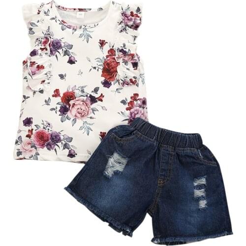 2-7Y Fashion Children Clothing Summer Kid Baby Girl Clothes Outfit Floral Ruffle Sleeveless T shirt Denim Shorts 2pcs Set