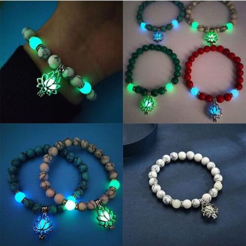 Fashion Luminous Glowing In The Dark Lotus Flower Shaped Charm Bracelet For Women Yoga Prayer Buddhism Jewelry