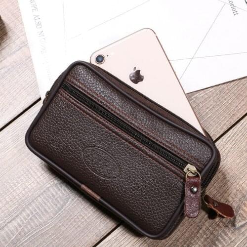 Men Leather Waist Bag Multifunction Outdoor Small Wear-Resistant Waist Pack with Dual Phone Pocket & Zipper Coin Purse