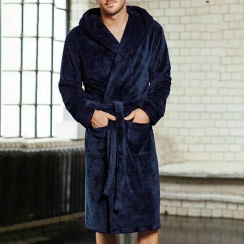 Mens Autumn Winter V Neck Long Sleepwear Soft Robes Shawl Fleece Bathrobe Spa Robe Plush Thick Warm Nightgown Male Casual