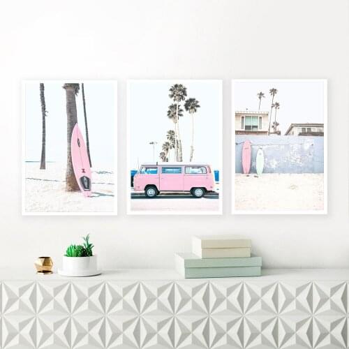 Pink Van Pickup Beach Sea Surfboard Palm Wall Art Canvas Painting Nordic Posters And Prints Wall Pictures For Living Room Decor